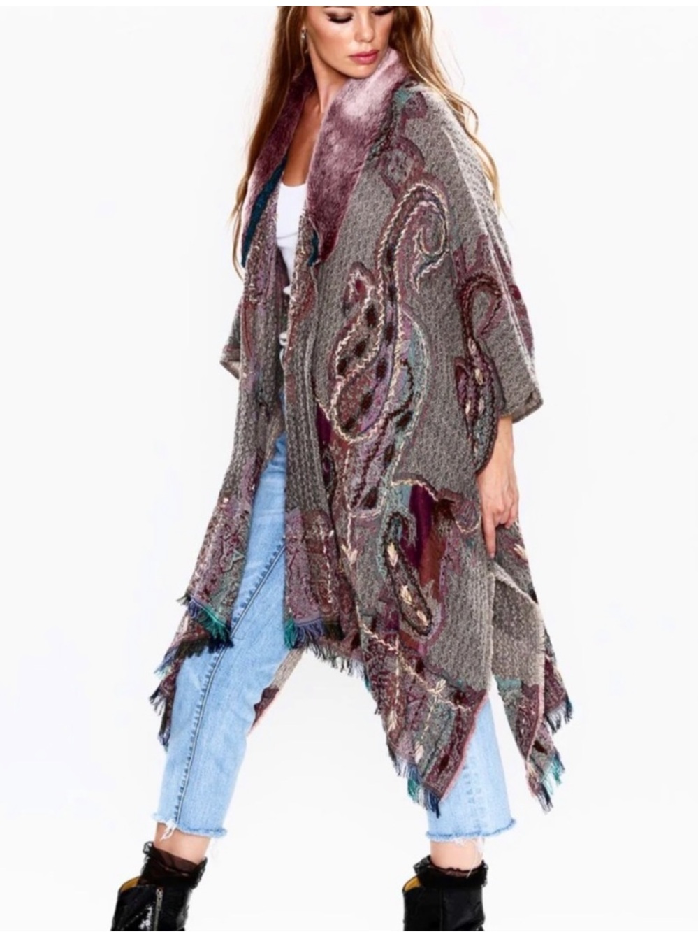Aratta Knit Fringe Poncho Sweater - Gray & Mauve